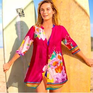 Sundance Birds of Paradise Pink Floral Printed Pintucked Tunic Top - S